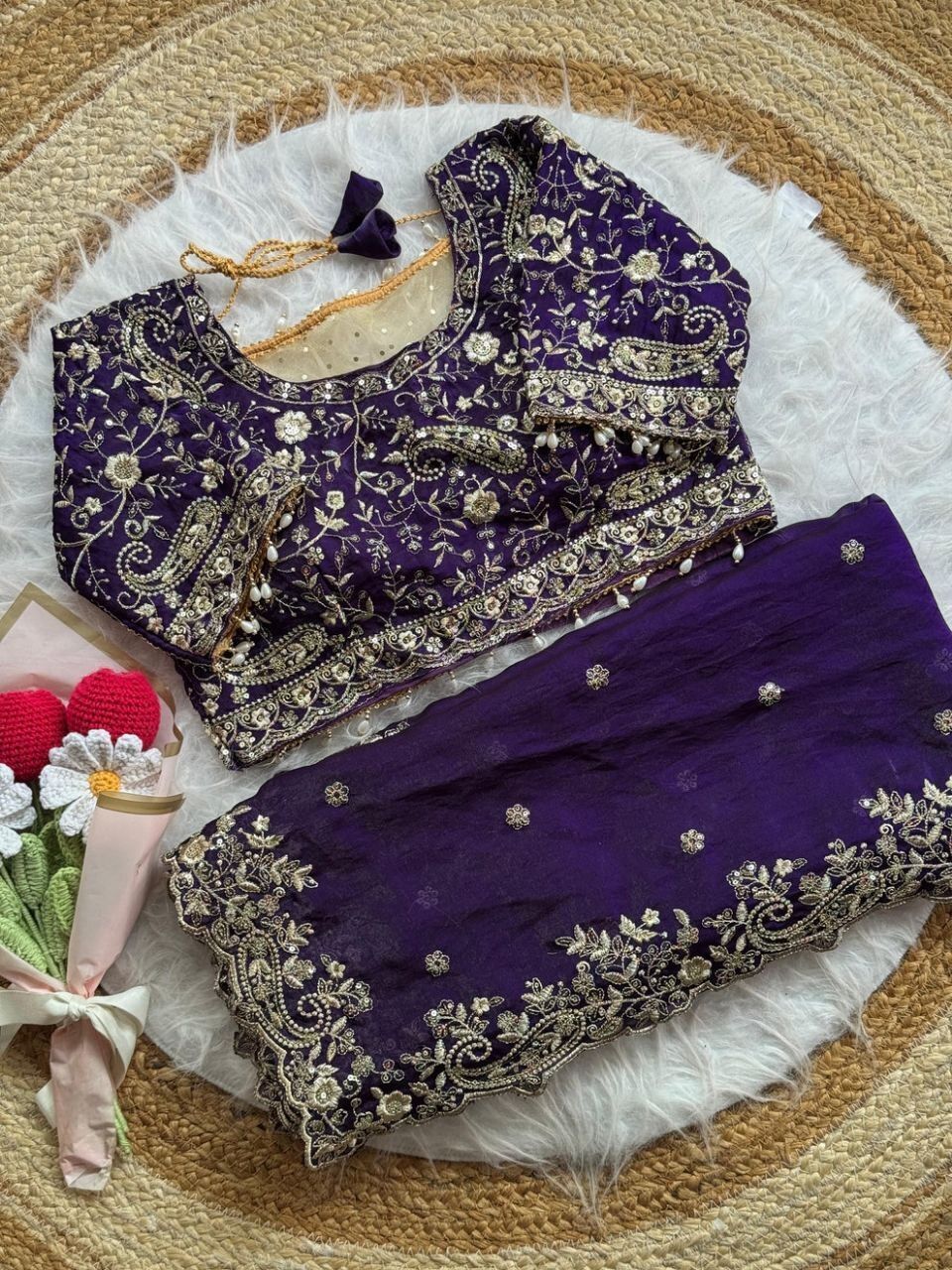 NAINARA Women's Designer Purple Fendy Satin Embroidered Saree with Unstitched Blouse | Wedding, Party & Festive Wear