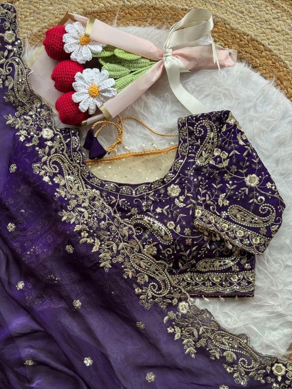 NAINARA Women's Designer Purple Fendy Satin Embroidered Saree with Unstitched Blouse | Wedding, Party & Festive Wear