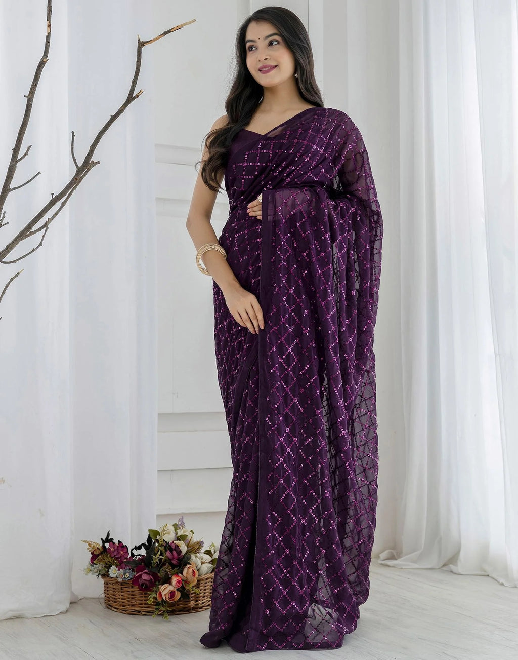NAINARA Purple Georgette Saree with Sequin Checks Work and Matching Blouse