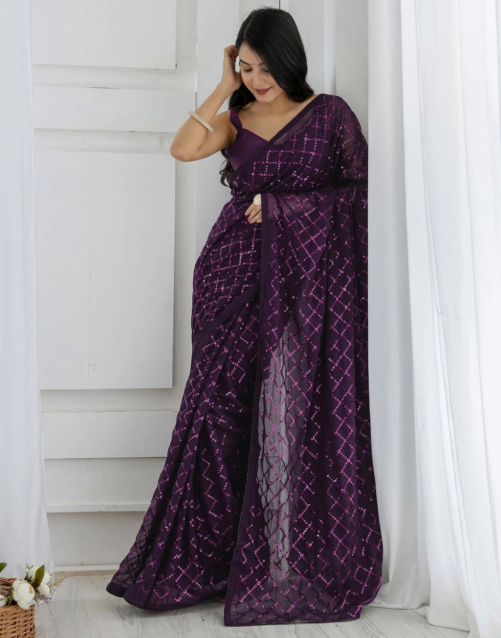 NAINARA Purple Georgette Saree with Sequin Checks Work and Matching Blouse