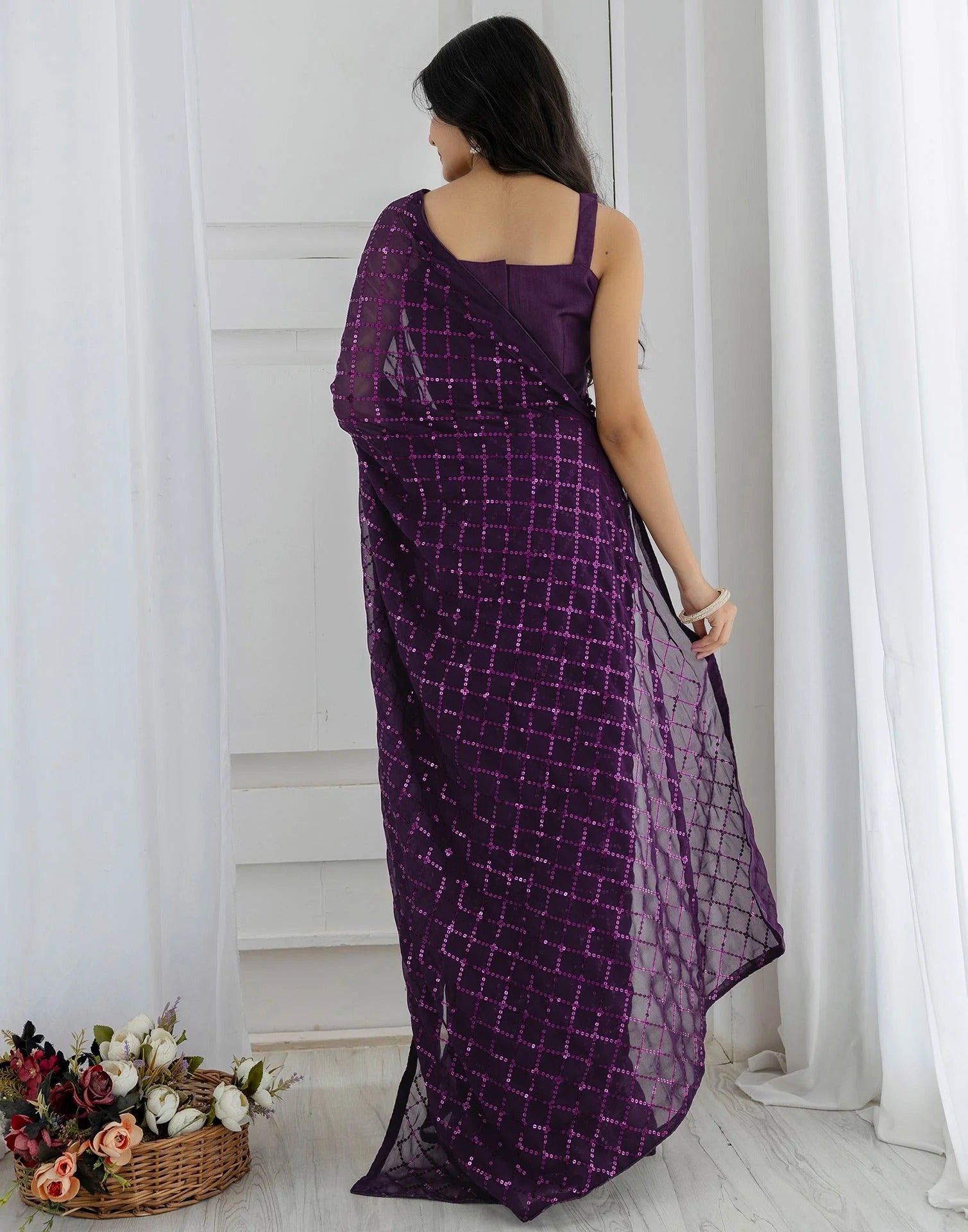 NAINARA Purple Georgette Saree with Sequin Checks Work and Matching Blouse
