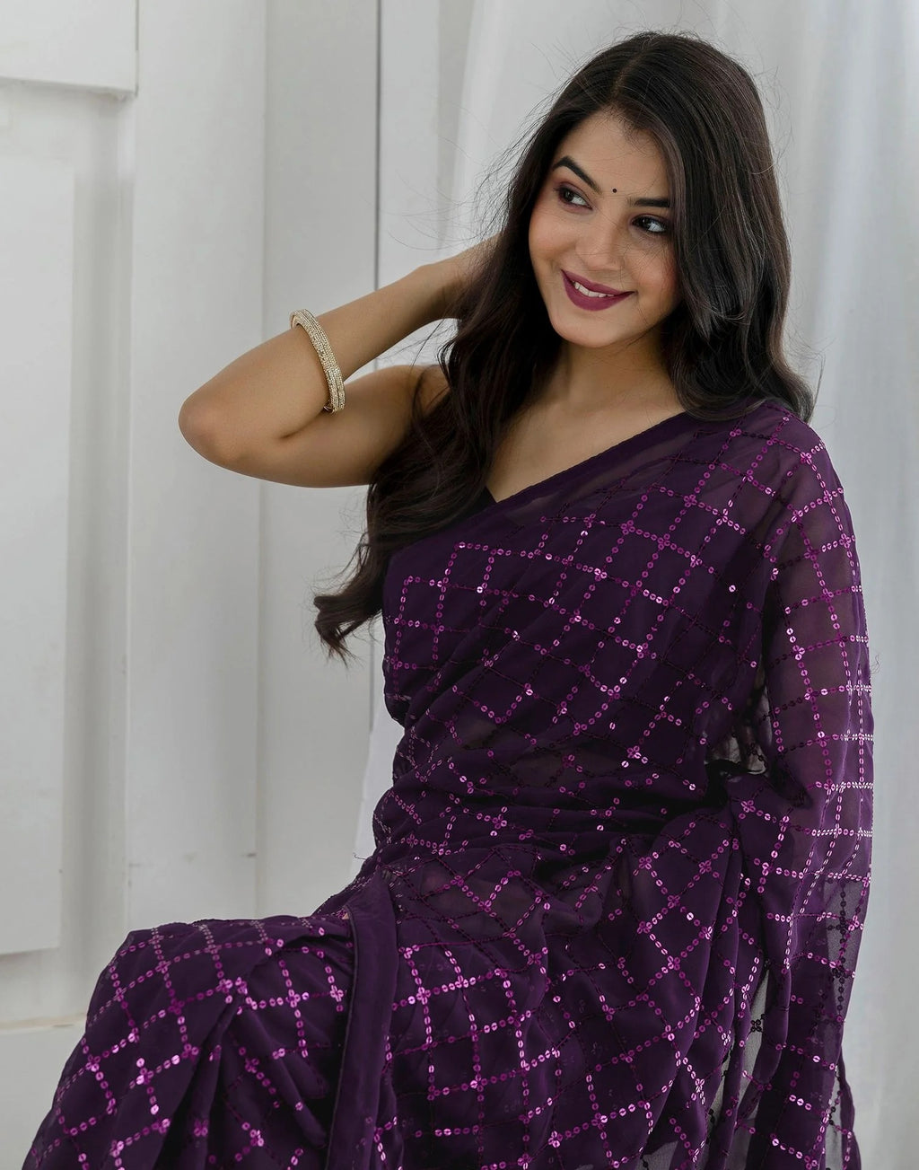NAINARA Purple Georgette Saree with Sequin Checks Work and Matching Blouse