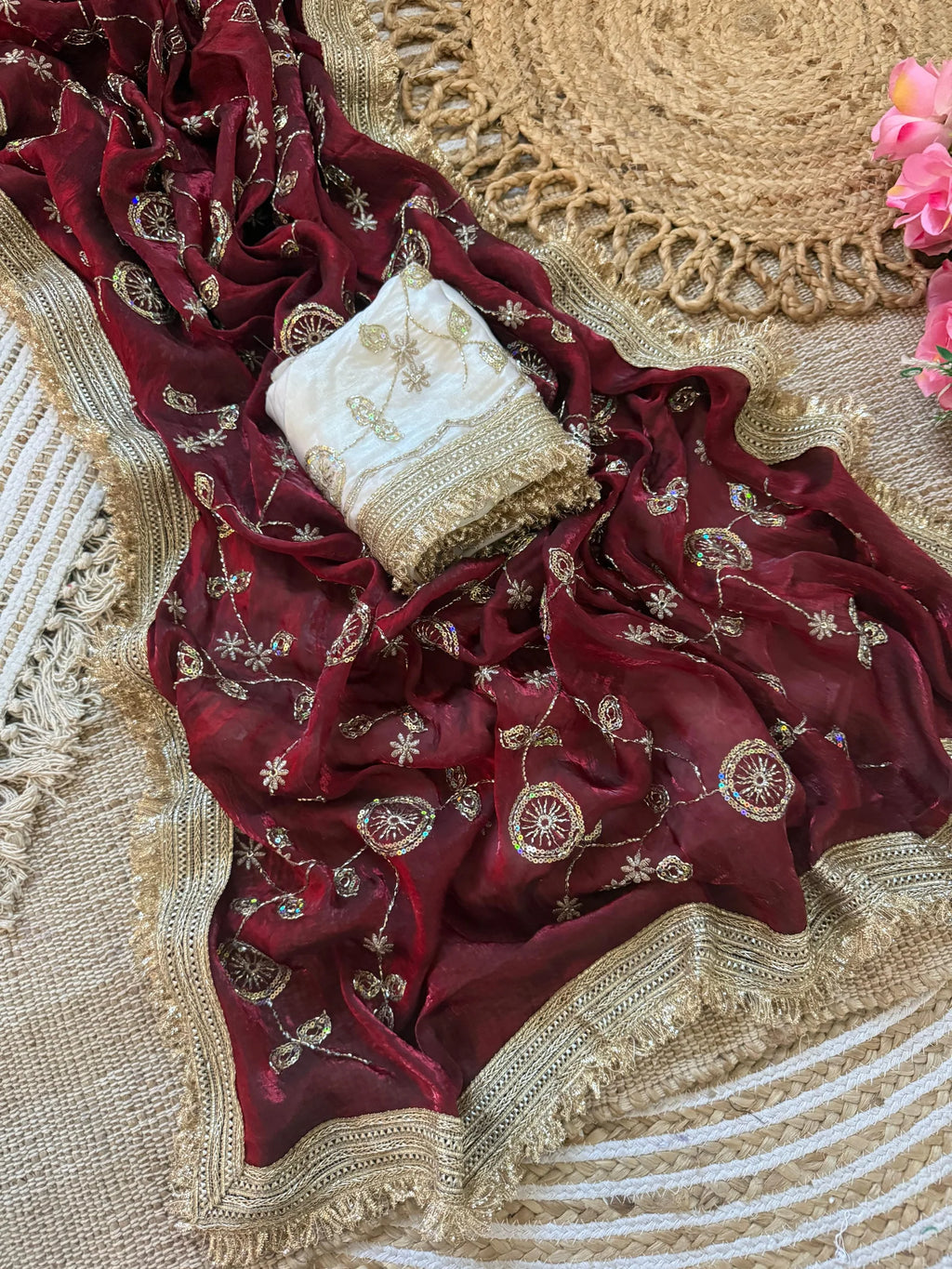 NAINARA Designer Embroidered Georgette Saree with Unstitched Blouse for Women – Maroon