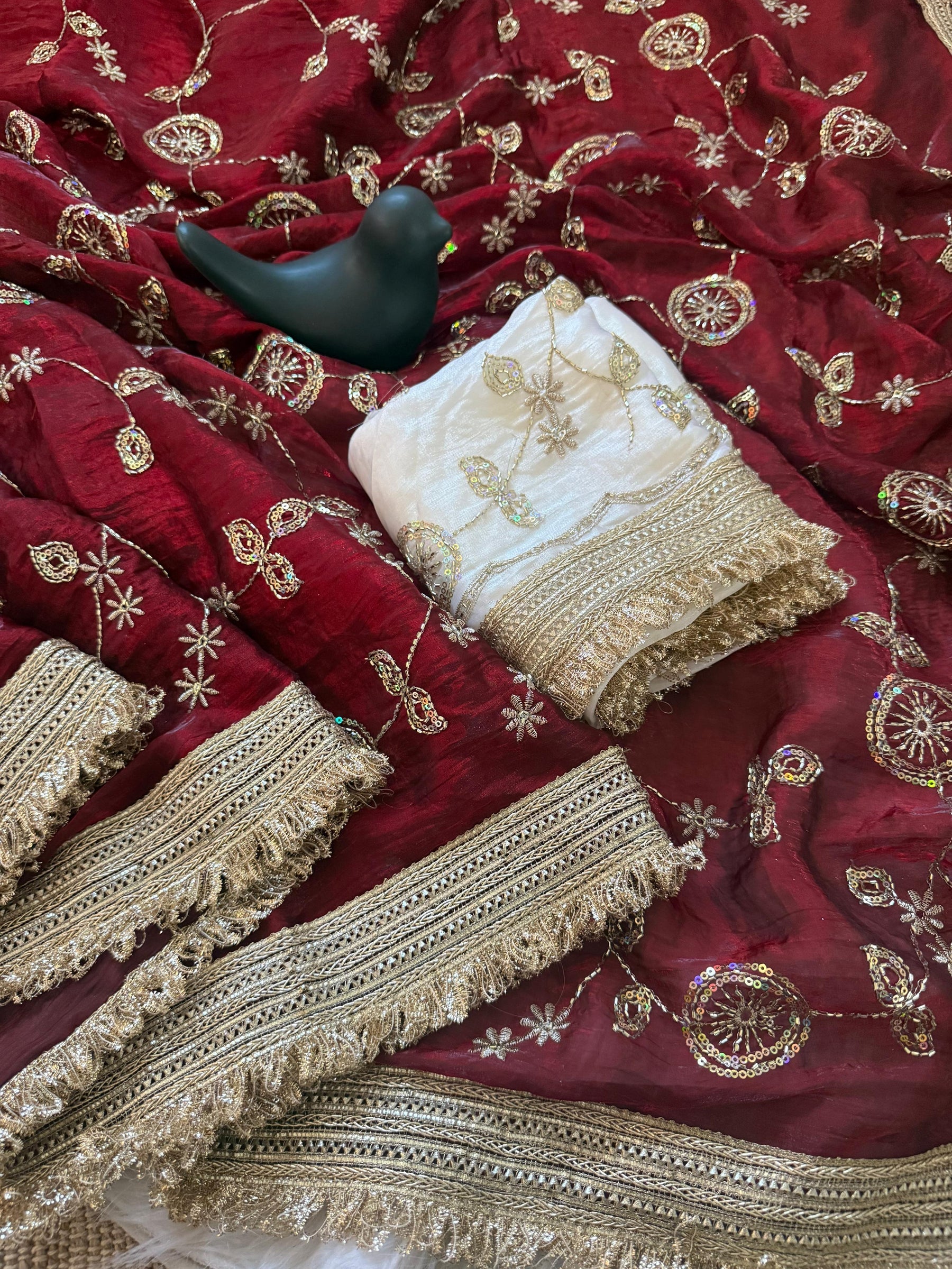NAINARA Designer Embroidered Georgette Saree with Unstitched Blouse for Women – Maroon