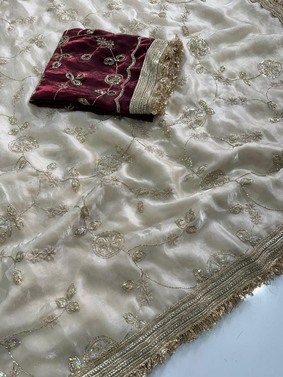 NAINARA Women's Designer Fendy Satin Embroidered Saree with Unstitched Blouse | Party Wear, Wedding & Festive Saree