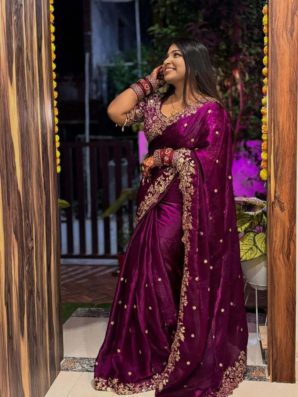 NAINARA Women's Designer Wine Fendy Satin Embroidered Saree with Unstitched Blouse | Wedding, Party & Festive Wear