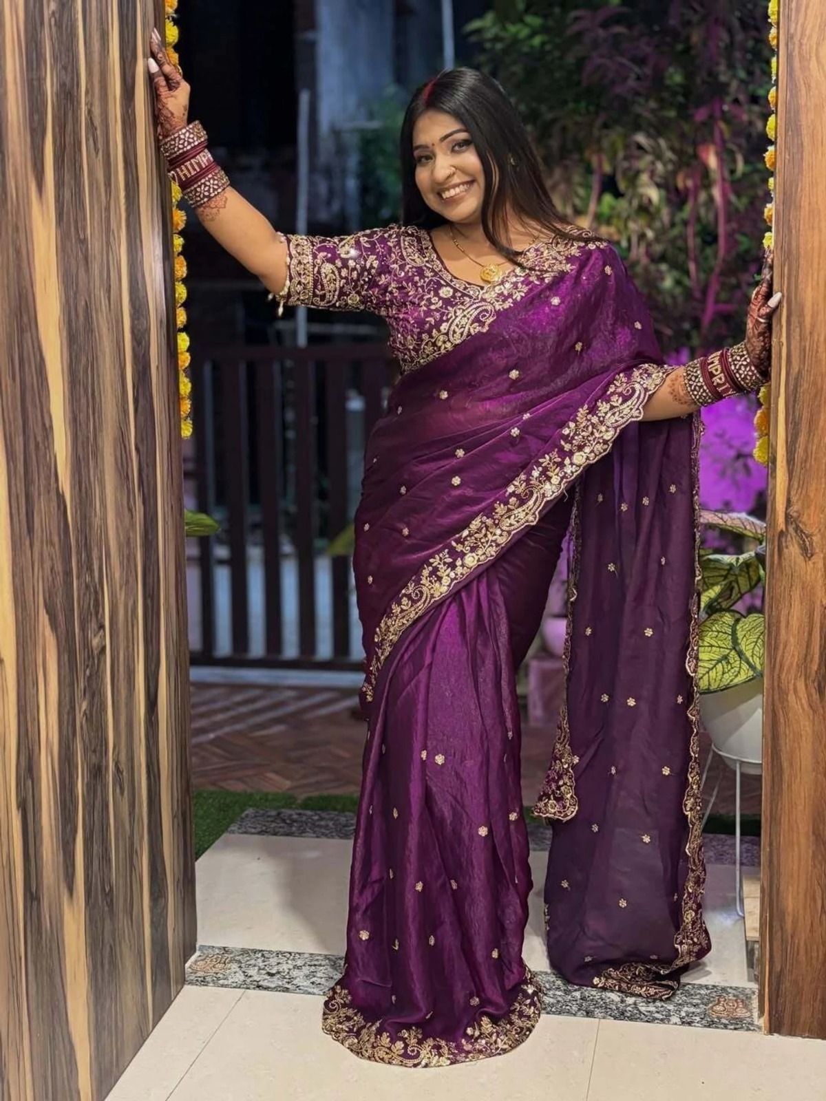 NAINARA Women's Designer Wine Fendy Satin Embroidered Saree with Unstitched Blouse | Wedding, Party & Festive Wear