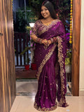 NAINARA Women's Designer Wine Fendy Satin Embroidered Saree with Unstitched Blouse | Wedding, Party & Festive Wear
