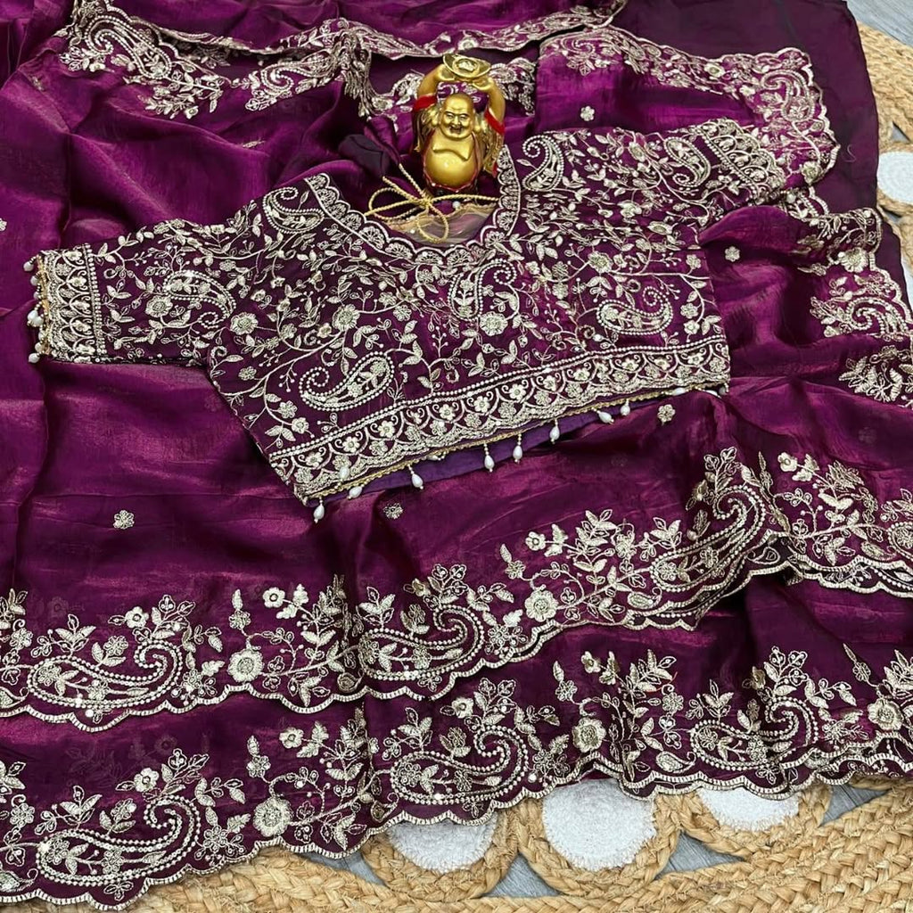 NAINARA Women's Designer Wine Fendy Satin Embroidered Saree with Unstitched Blouse | Wedding, Party & Festive Wear