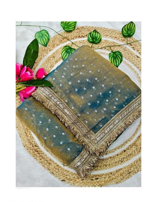 NAINARA Women's Premium Teal Blue Jimmy Choo Designer Saree with Heavy Lace Border & Unstitched Blouse Piece | Party Wear Wedding Saree