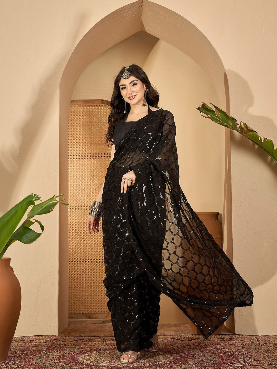 NAINARA Black Sequins Work Georgette Saree with Honeycomb Design and Unstitched Blouse Piece