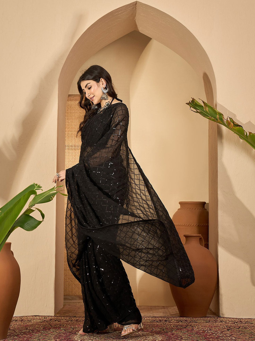 NAINARA Black Georgette Saree with Sequin Checks Work and Matching Blouse