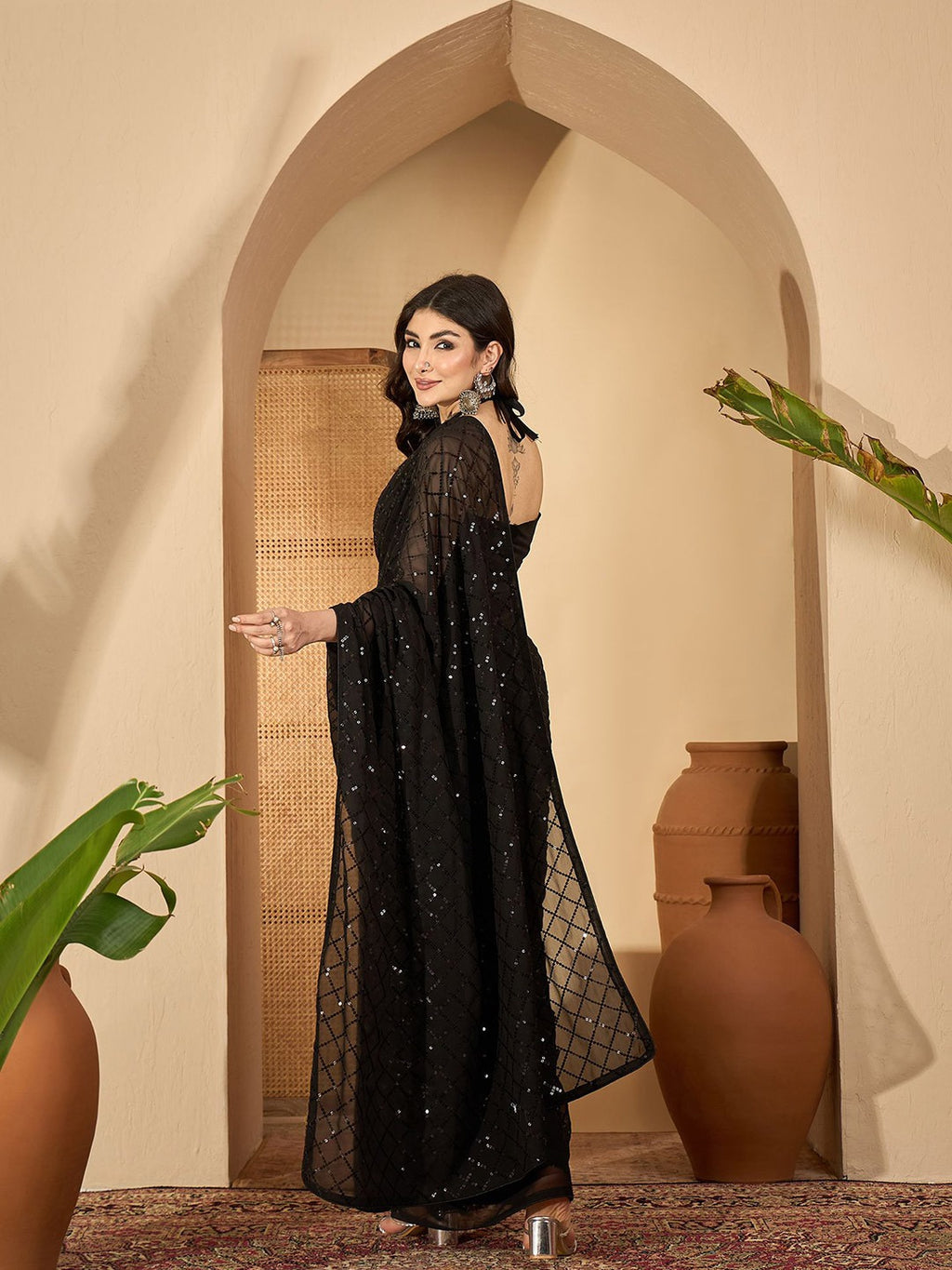 NAINARA Black Georgette Saree with Sequin Checks Work and Matching Blouse