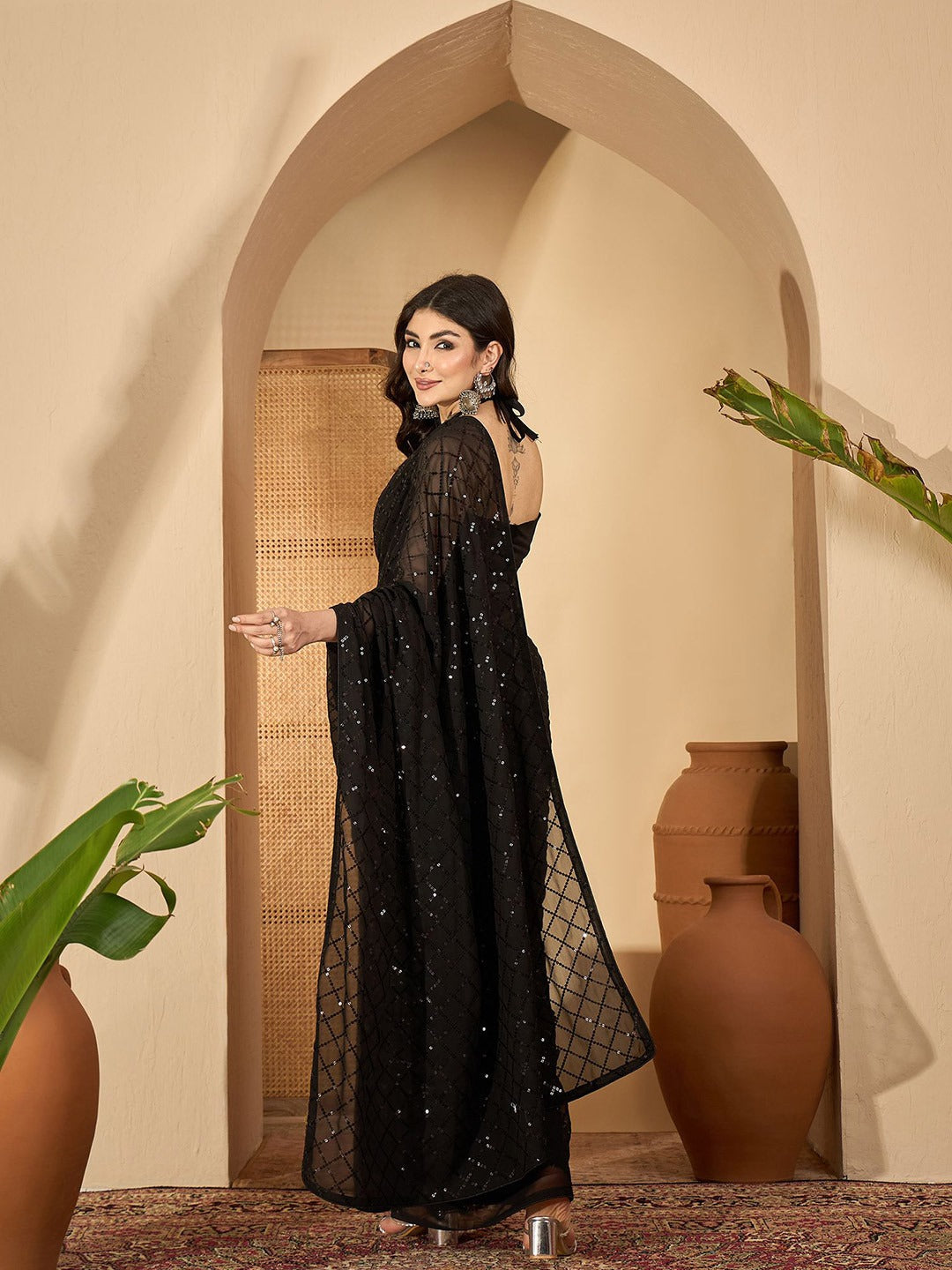 NAINARA Black Georgette Saree with Sequin Checks Work and Matching Blouse