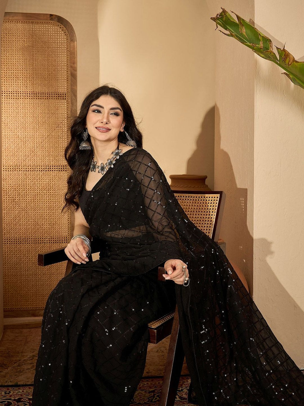 NAINARA Black Georgette Saree with Sequin Checks Work and Matching Blouse