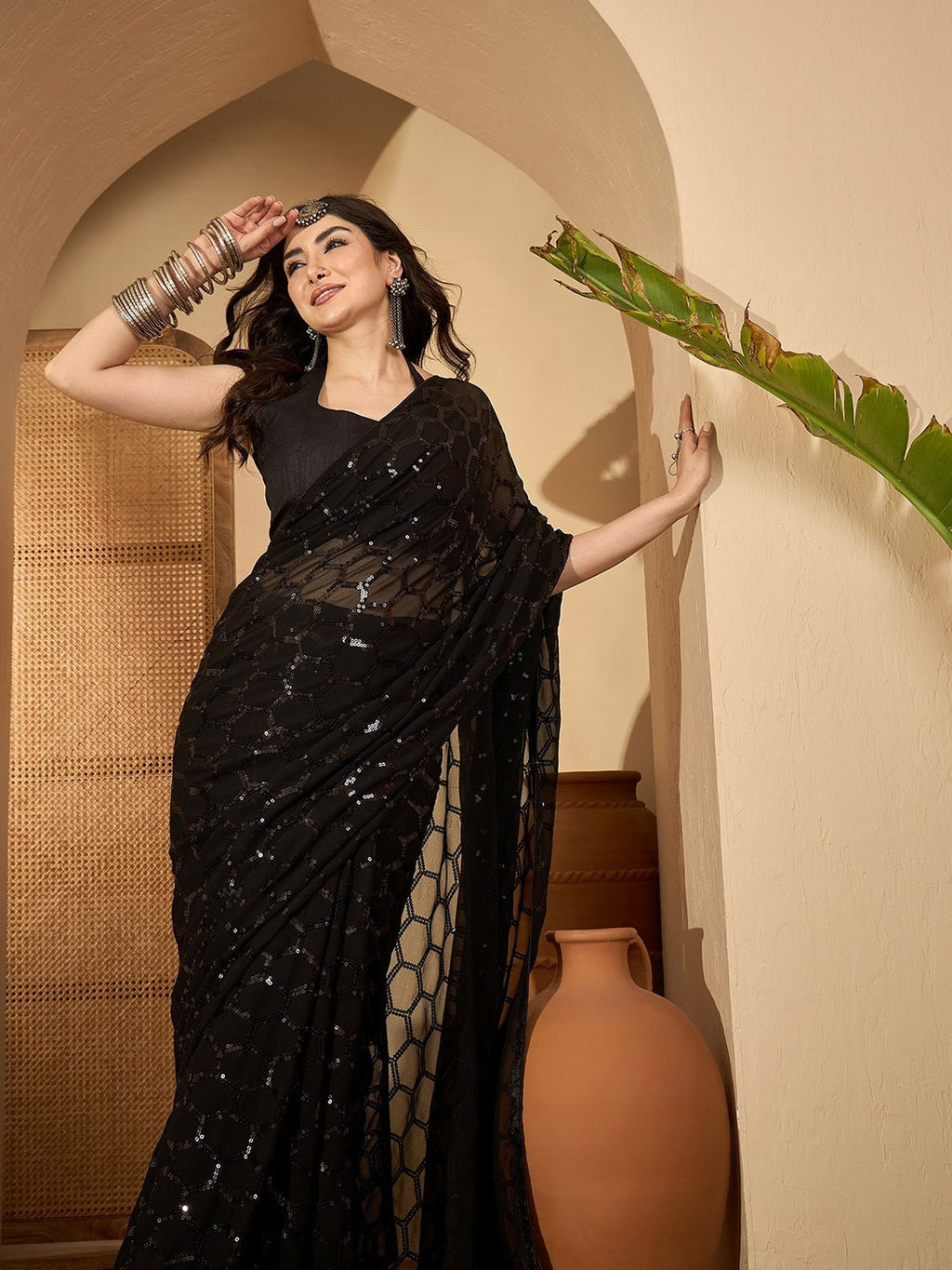 NAINARA Black Sequins Work Georgette Saree with Honeycomb Design and Unstitched Blouse Piece