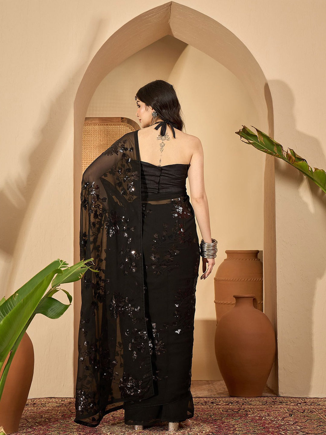 NAINARA Black Georgette Embroidered Saree with Sequins Work and Unstitched Blouse