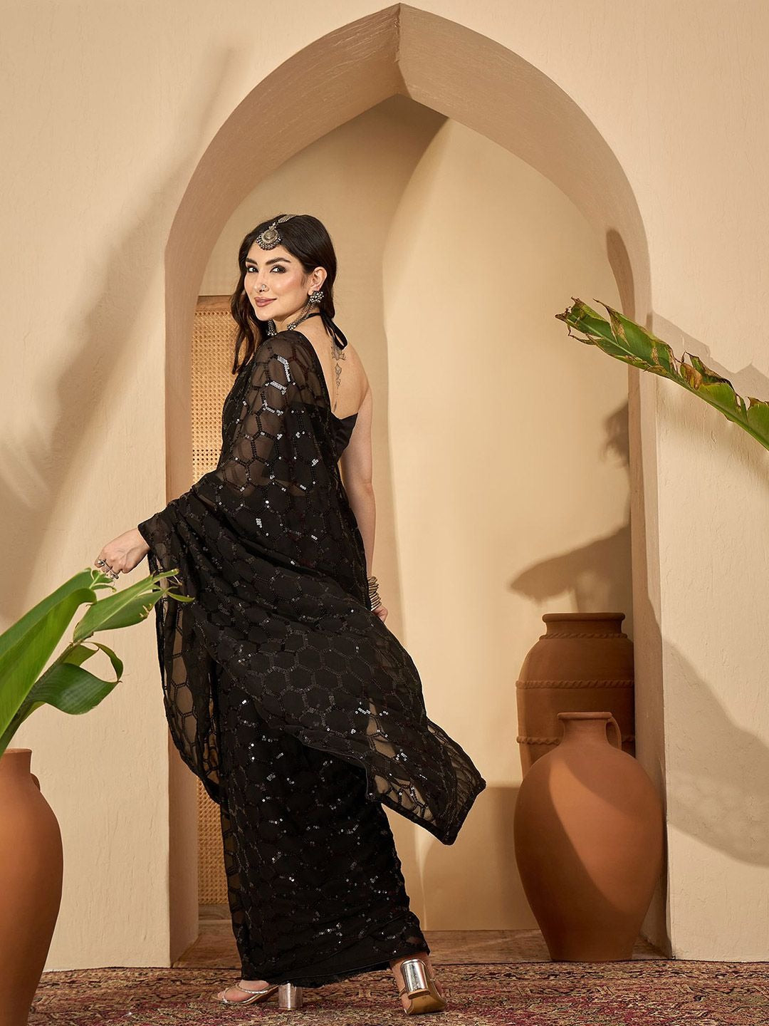 NAINARA Black Sequins Work Georgette Saree with Honeycomb Design and Unstitched Blouse Piece