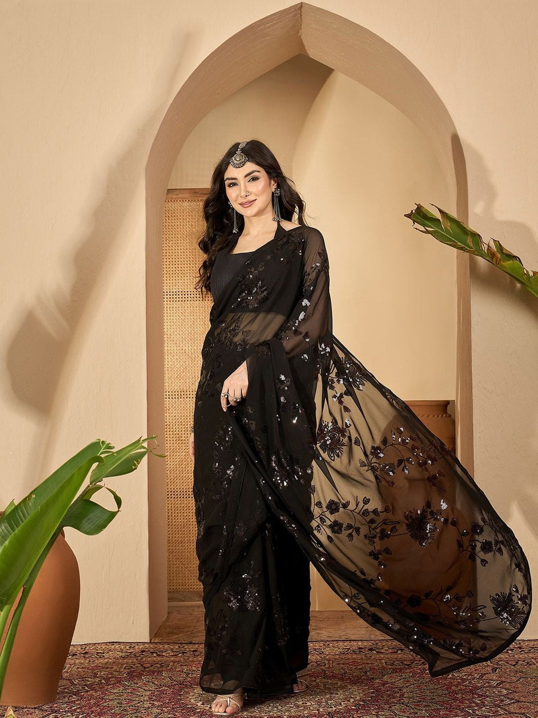 NAINARA Black Georgette Embroidered Saree with Sequins Work and Unstitched Blouse