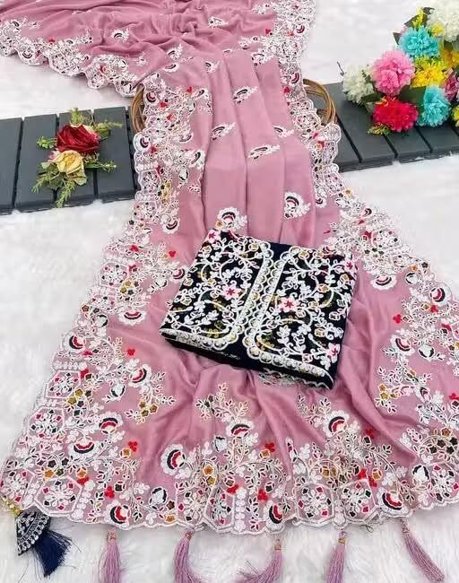 NAINARA Designer Pink Vichitra Silk Saree with Heavy Embroidered Border & Unstitched Designer Blouse | Wedding & Party Wear Saree
