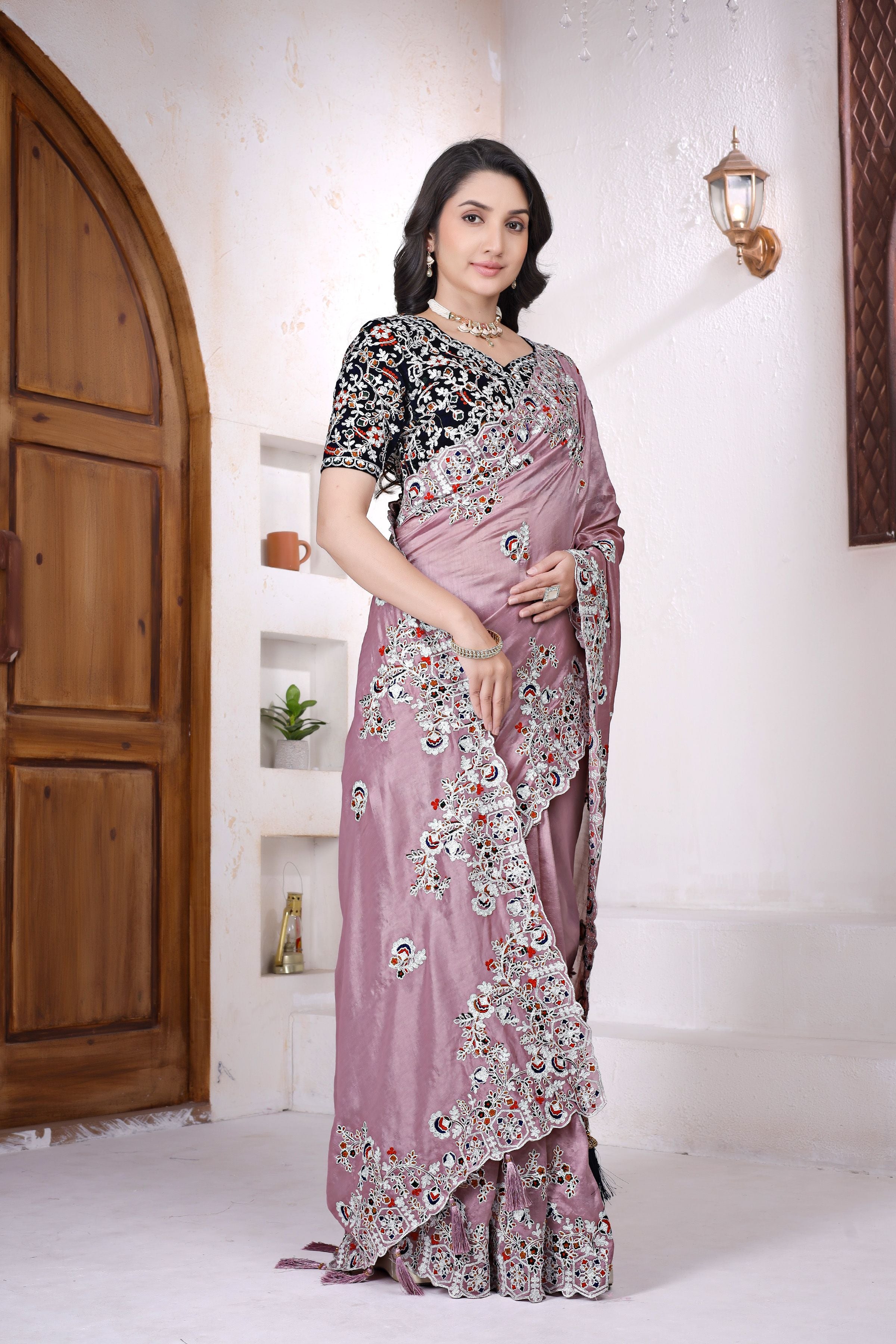 NAINARA Designer Pink Vichitra Silk Saree with Heavy Embroidered Border & Unstitched Designer Blouse | Wedding & Party Wear Saree