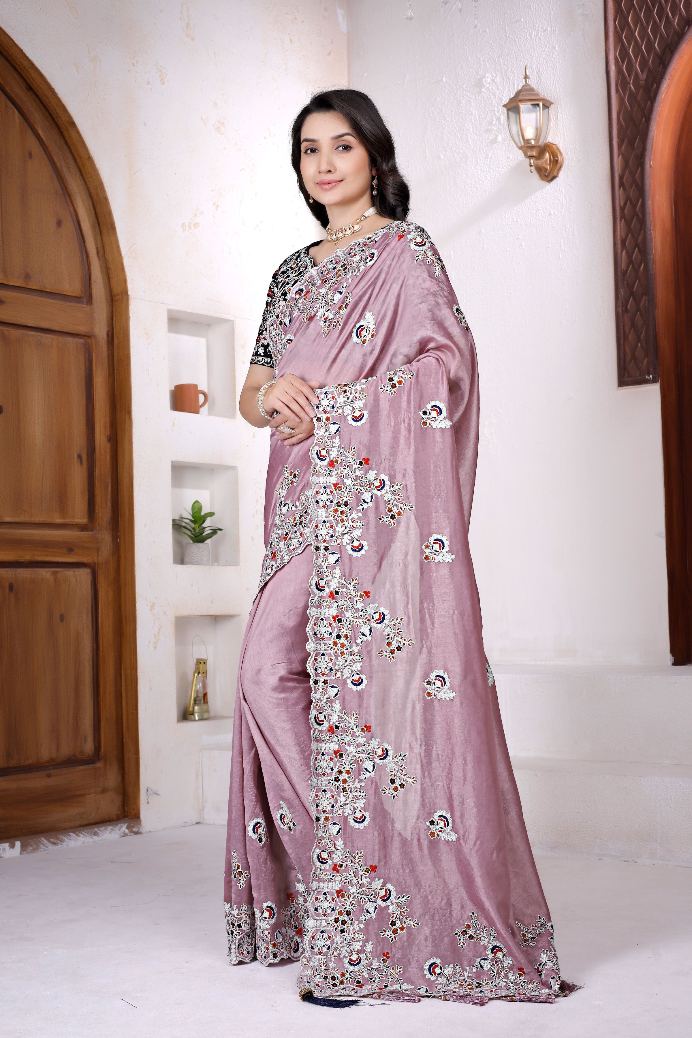 NAINARA Designer Pink Vichitra Silk Saree with Heavy Embroidered Border & Unstitched Designer Blouse | Wedding & Party Wear Saree