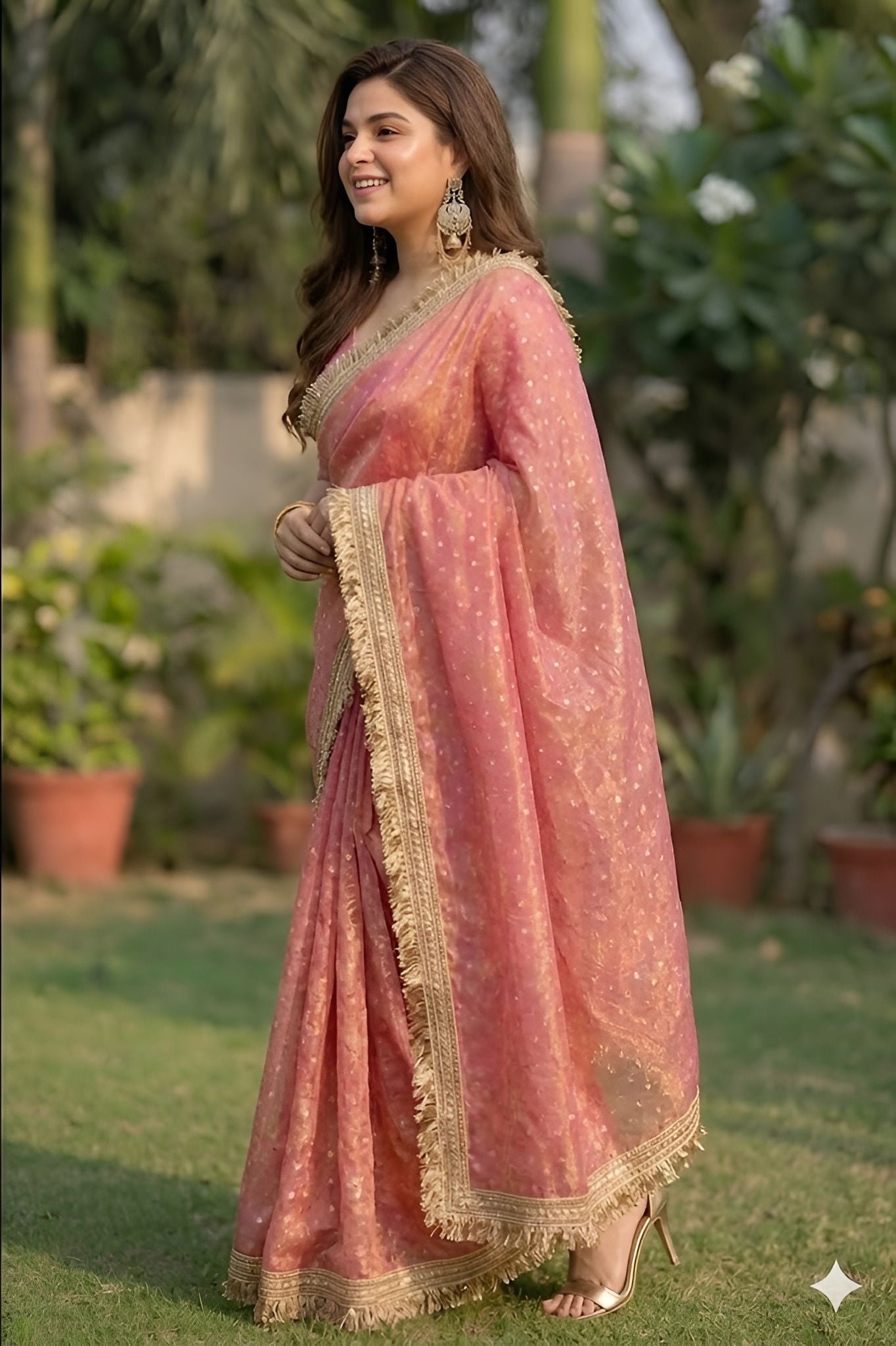 NAINARA Women's Designer Dusty Pink Jimmy Choo Saree with Unstitched Blouse | Wedding, Party & Festive Wear