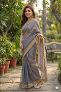 NAINARA Women's Designer Grey Jimmy Choo Embroidered Saree with Unstitched Blouse | Wedding, Party & Festive Wear
