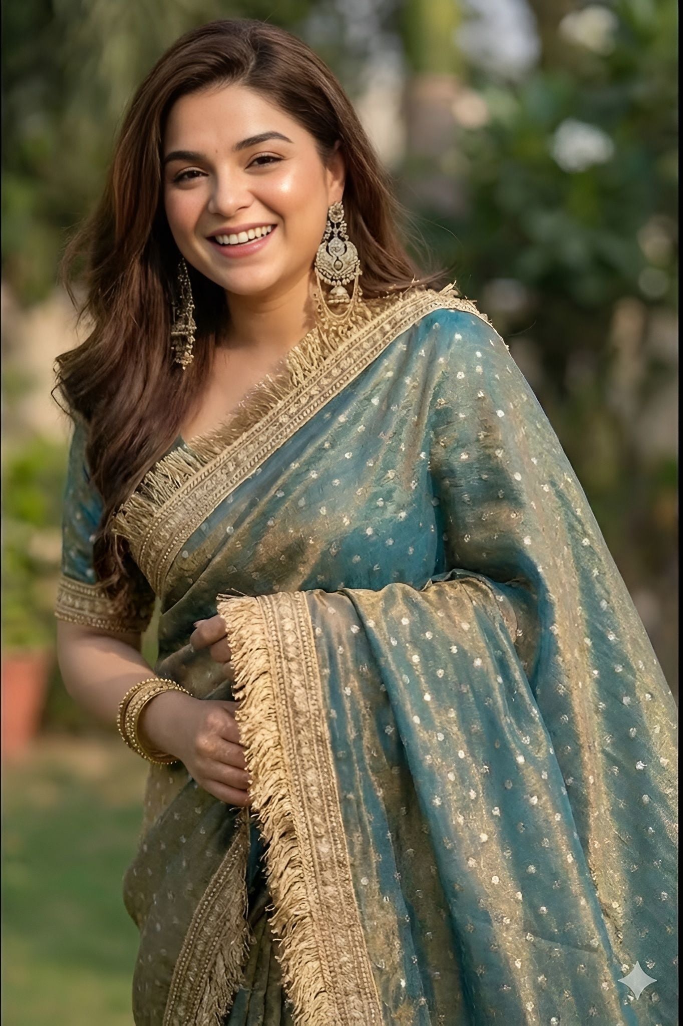 NAINARA Women's Premium Teal Blue Jimmy Choo Designer Saree with Heavy Lace Border & Unstitched Blouse Piece | Party Wear Wedding Saree