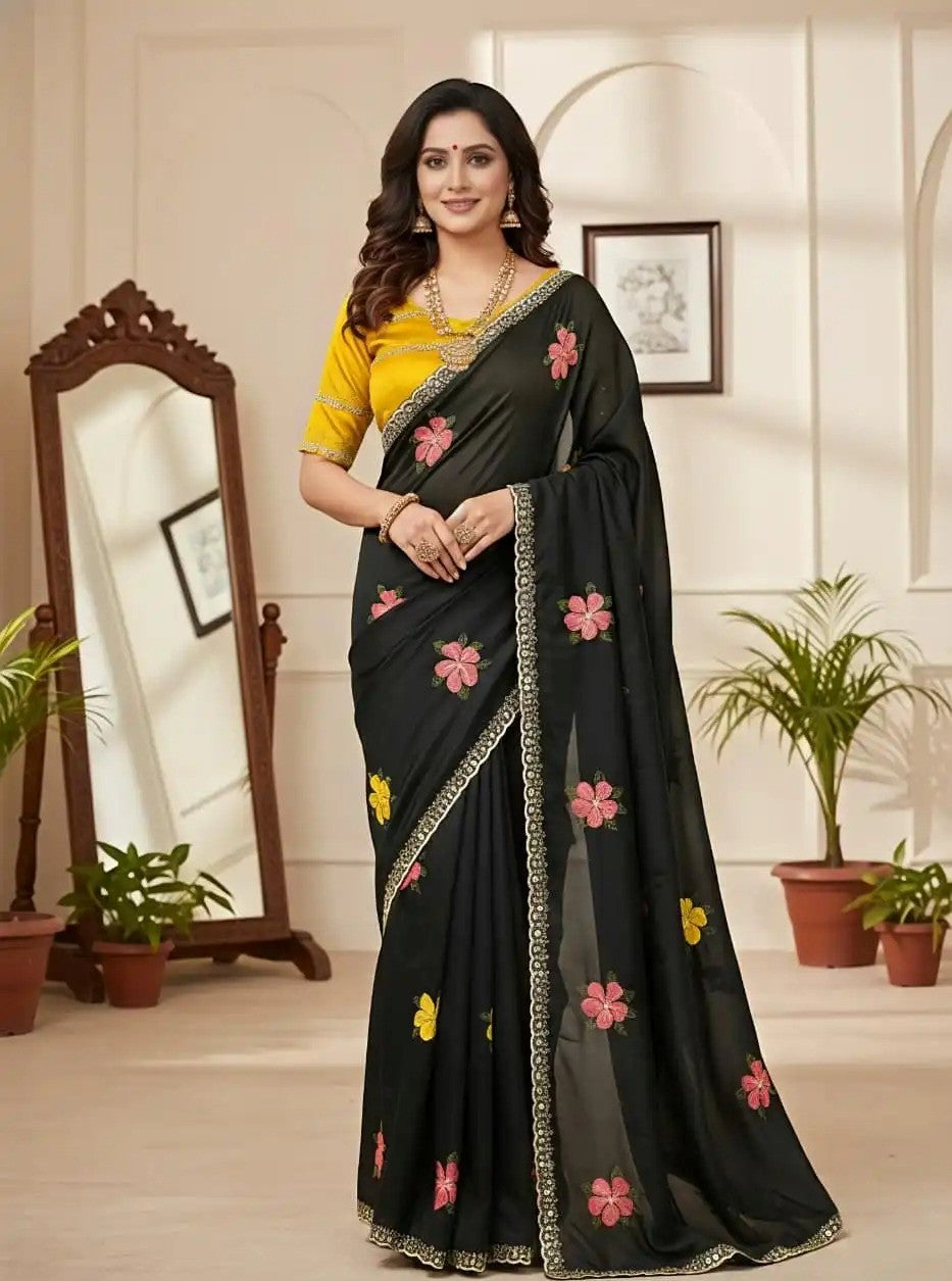 NAINARA Women's Designer Black Fendy Satin Floral Embroidered Saree with Unstitched Blouse | Party Wear & Festive Saree (Copy)