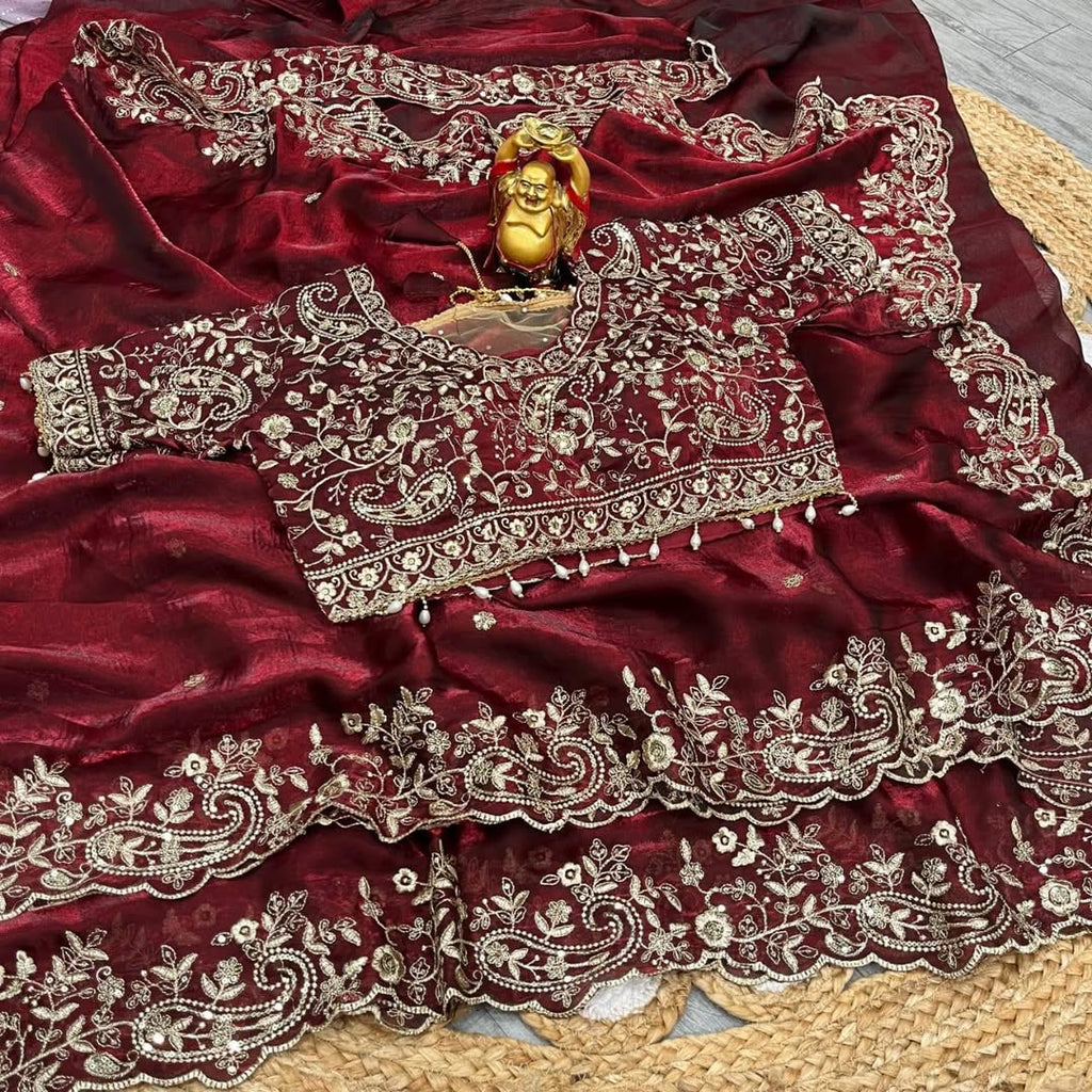 NAINARA Women's Designer Maroon Embroidered Saree with Heavy Embroidered Blouse | Wedding, Bridal & Party Wear Saree