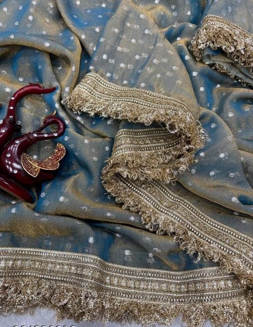 NAINARA Women's Premium Teal Blue Jimmy Choo Designer Saree with Heavy Lace Border & Unstitched Blouse Piece | Party Wear Wedding Saree