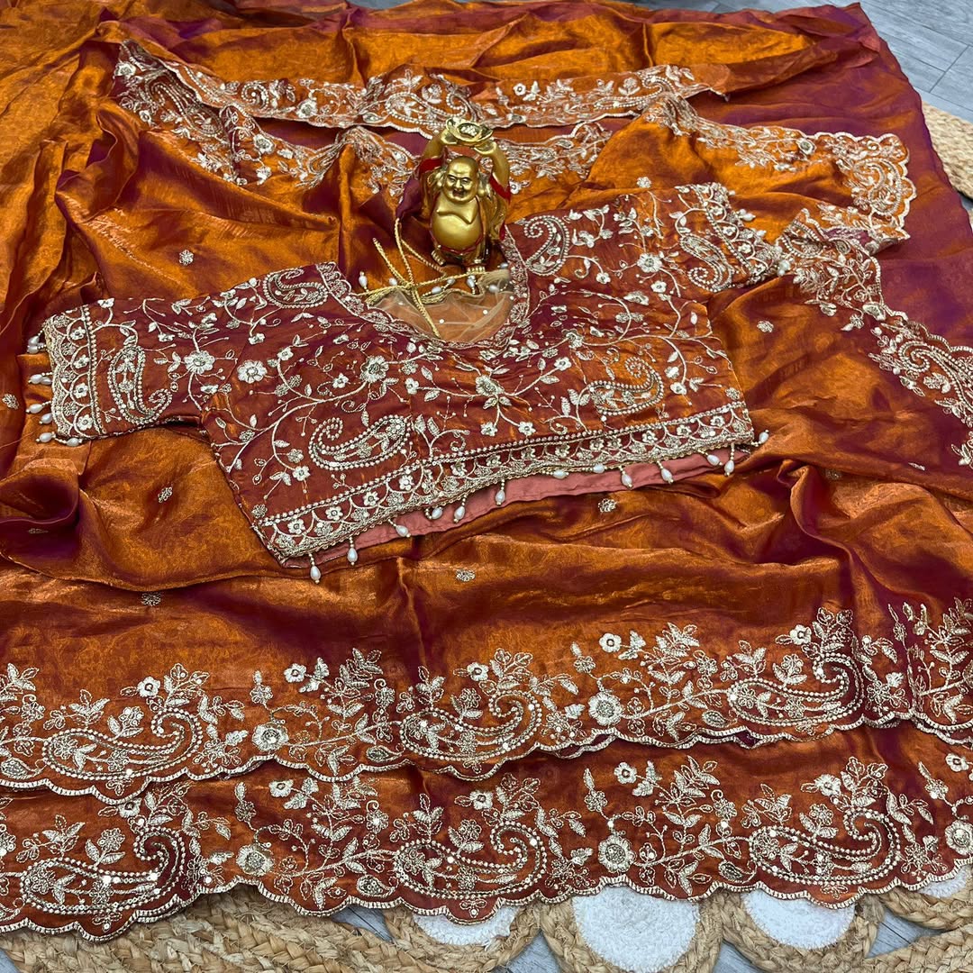 NAINARA Women's Designer Rust Orange Embroidered Saree with Unstitched Blouse | Premium Party Wear, Wedding & Festive Saree