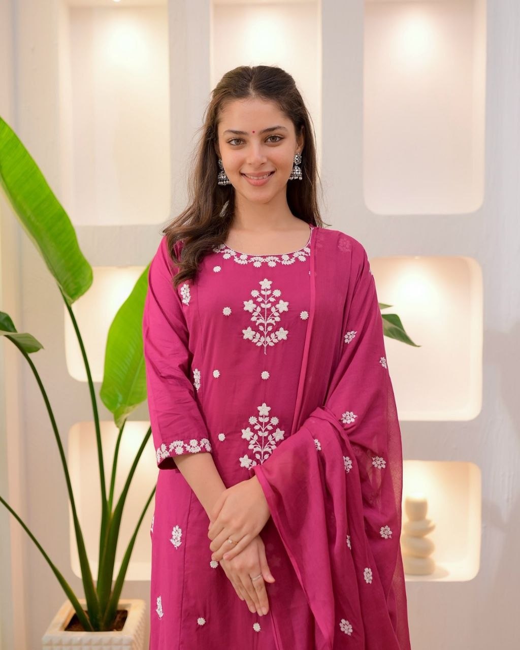 NAINARA Women’s Rani Pink Embroidered Roman Silk Kurti Pant Dupatta Set