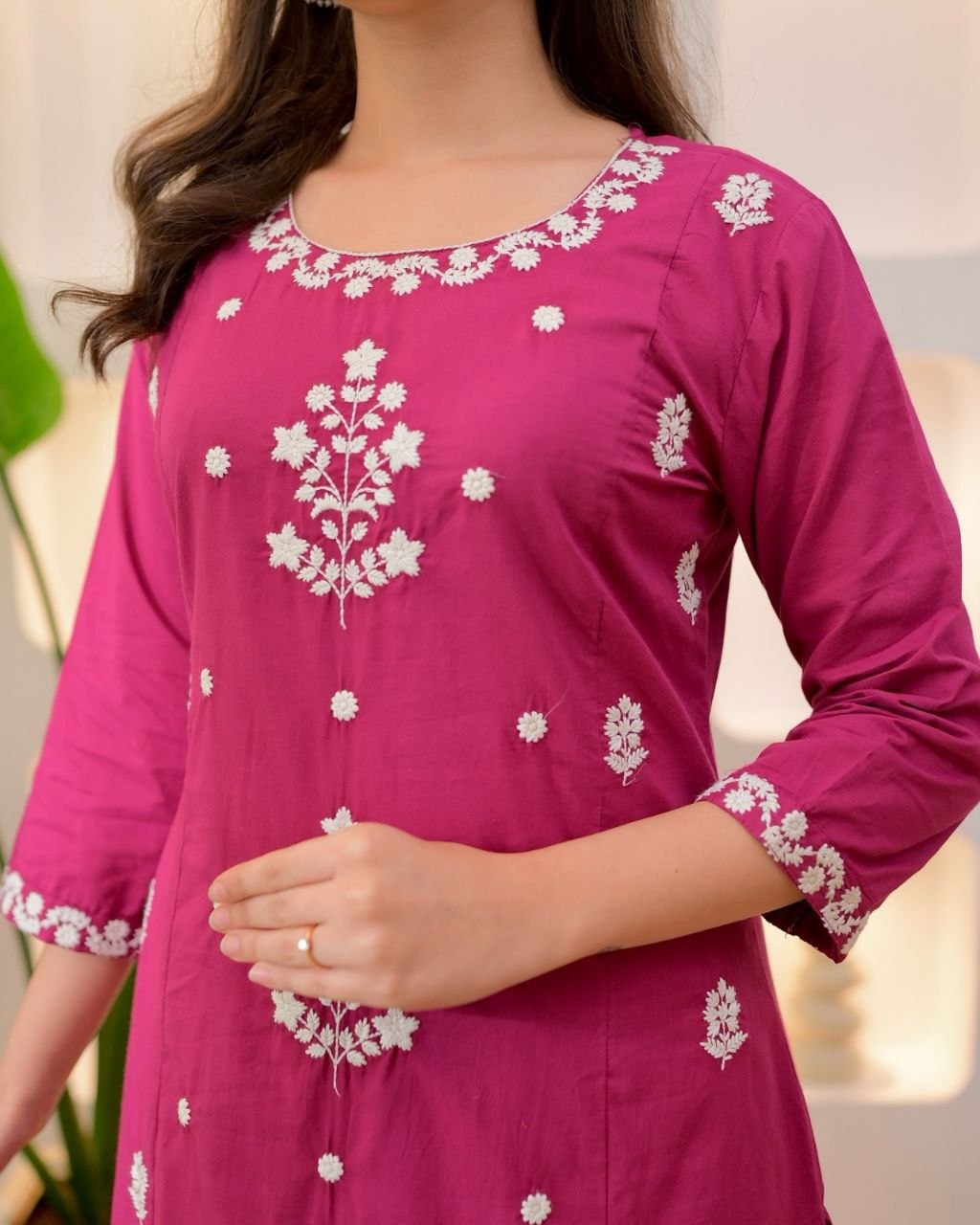 NAINARA Women’s Rani Pink Embroidered Roman Silk Kurti Pant Dupatta Set