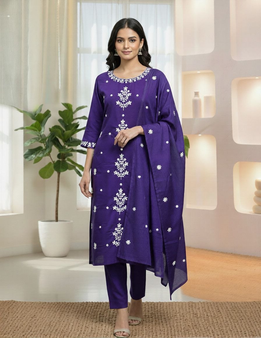 NAINARA Women’s Purple Embroidered Roman Silk Kurti Pant Dupatta Set