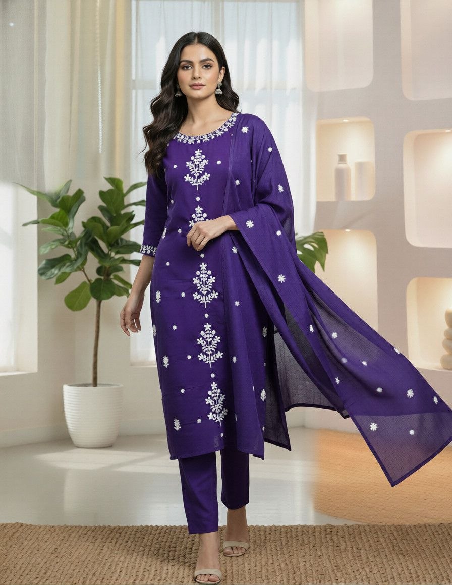 NAINARA Women’s Purple Embroidered Roman Silk Kurti Pant Dupatta Set