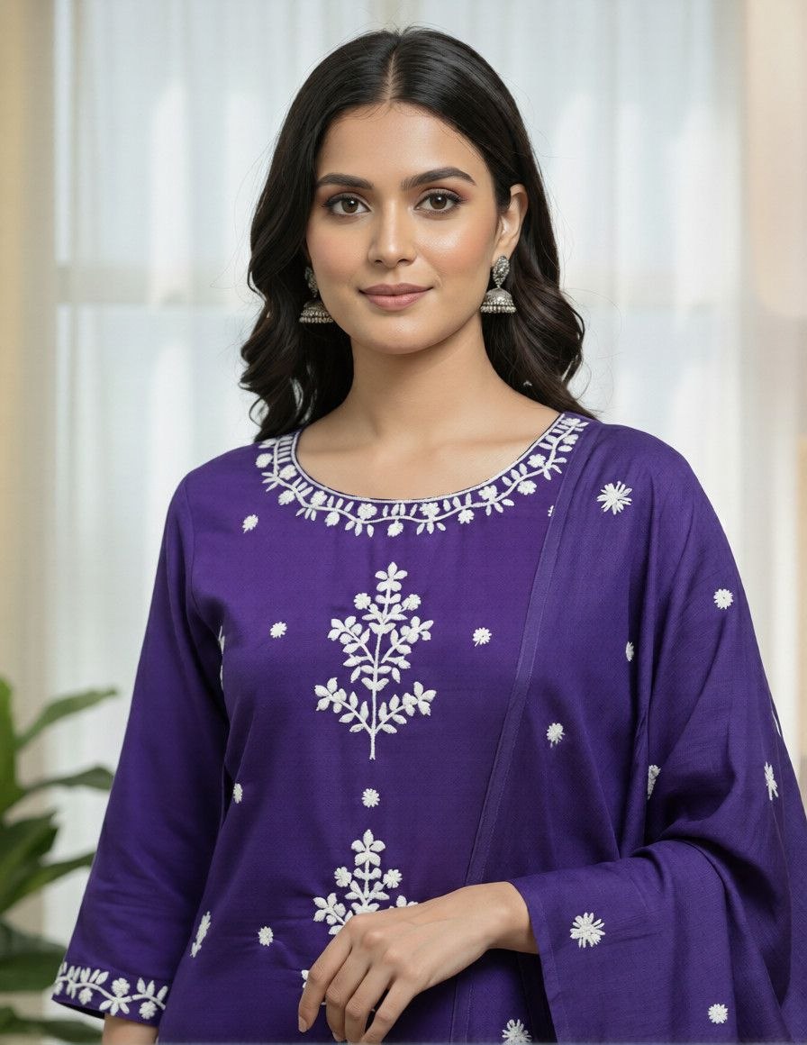 NAINARA Women’s Purple Embroidered Roman Silk Kurti Pant Dupatta Set