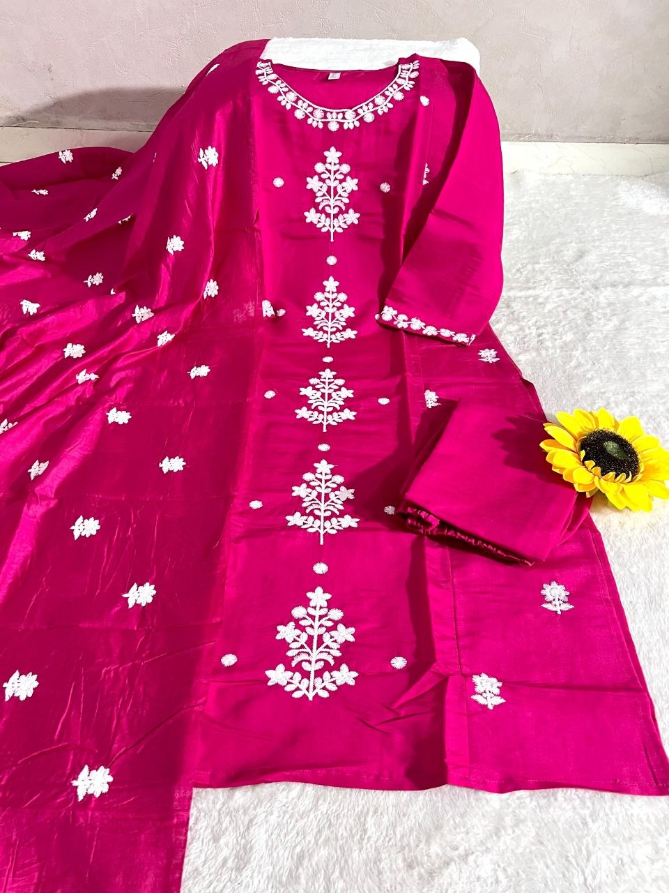 NAINARA Women’s Rani Pink Embroidered Roman Silk Kurti Pant Dupatta Set