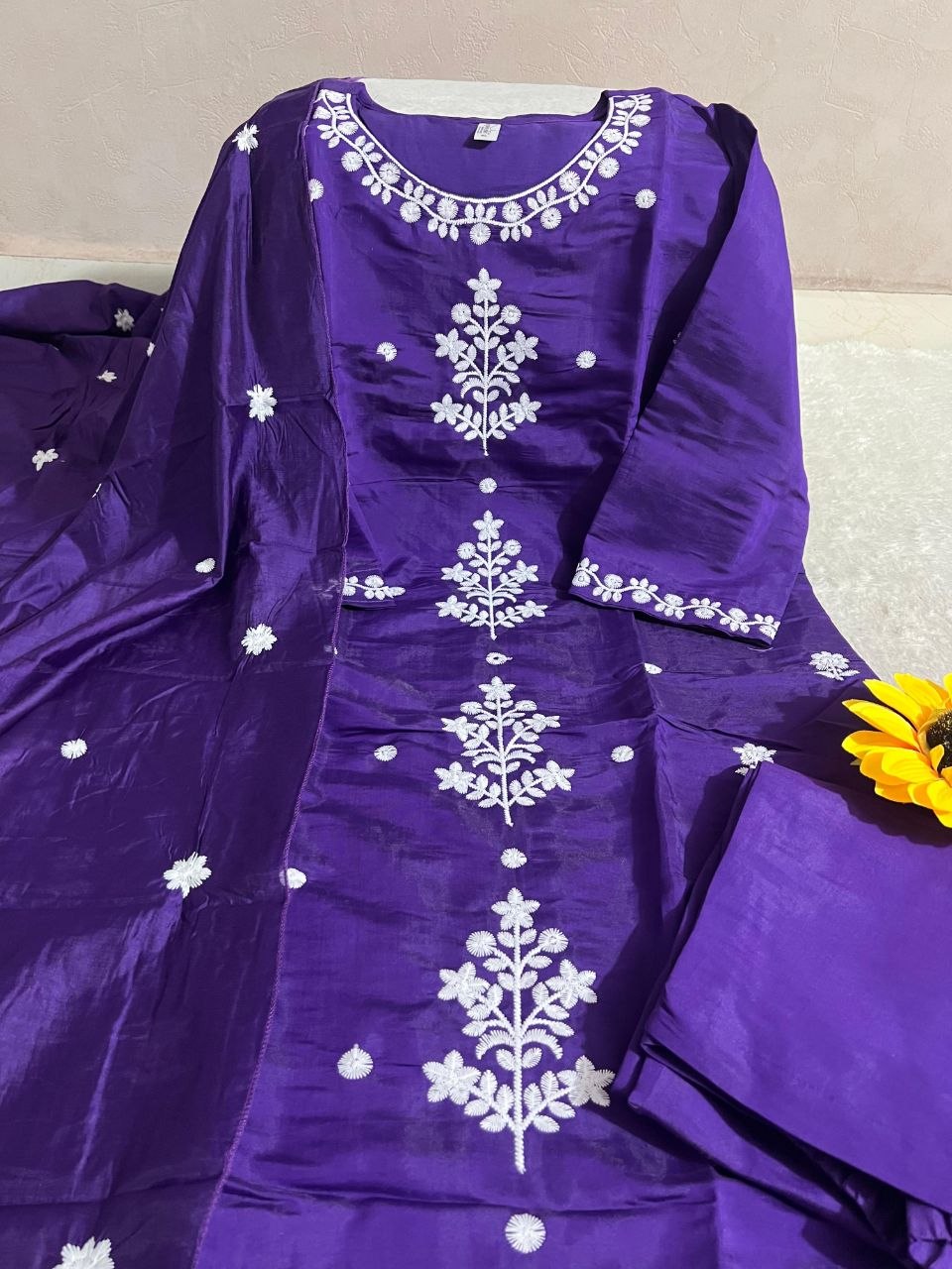 NAINARA Women’s Purple Embroidered Roman Silk Kurti Pant Dupatta Set