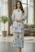 NAINARA Women’s White and Blue Printed Co-ord Set with Straight Kurta and Ankle-Length Palazzo Pants