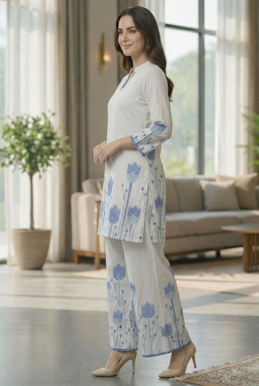 NAINARA Women’s White and Blue Printed Co-ord Set with Straight Kurta and Ankle-Length Palazzo Pants
