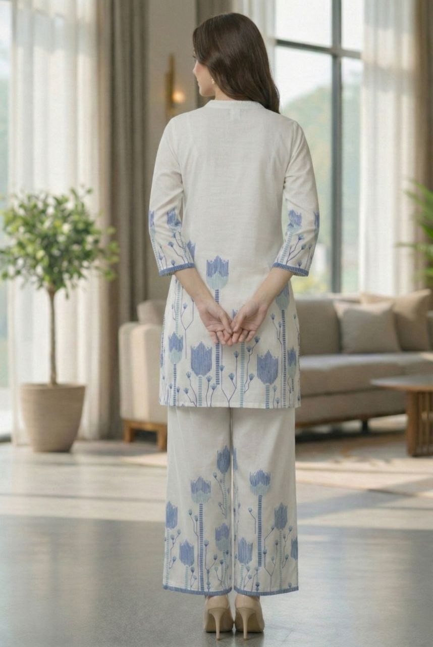 NAINARA Women’s White and Blue Printed Co-ord Set with Straight Kurta and Ankle-Length Palazzo Pants