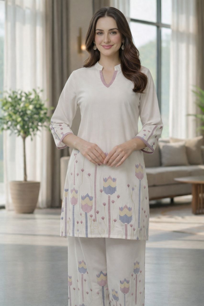 NAINARA Women’s Off White Printed Co-ord Set with Straight Kurta and Ankle-Length Palazzo Pants