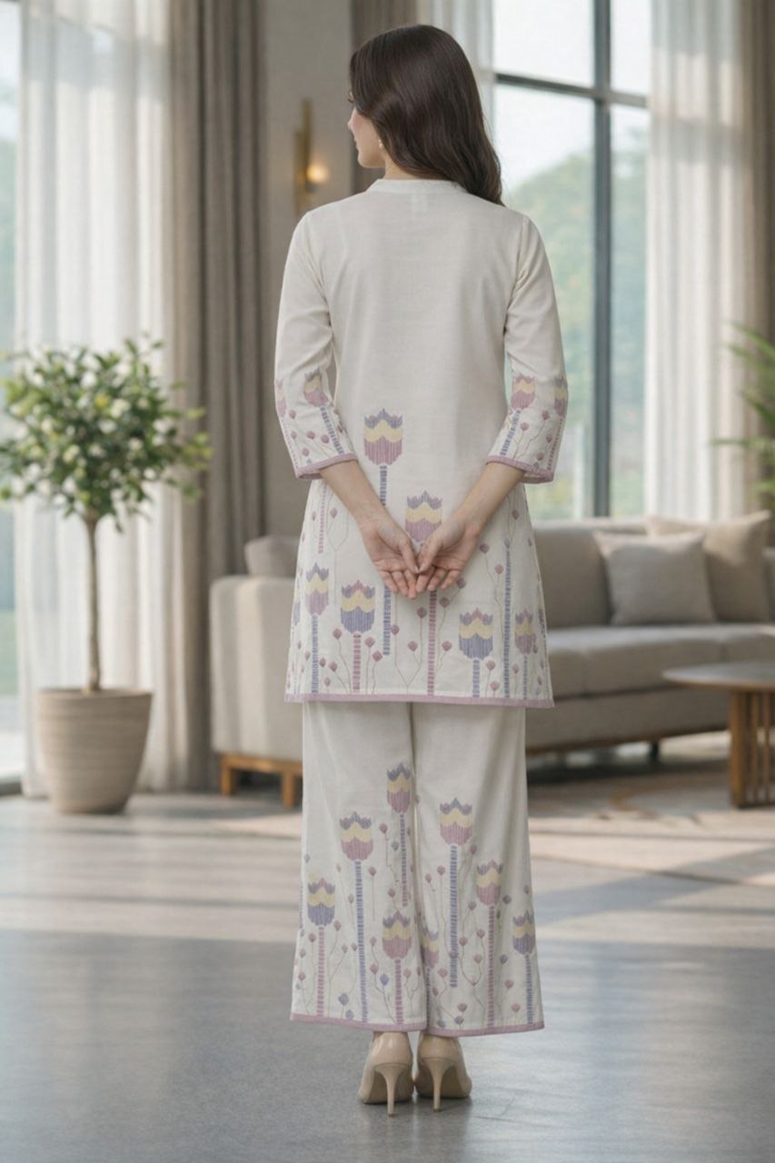 NAINARA Women’s Off White Printed Co-ord Set with Straight Kurta and Ankle-Length Palazzo Pants