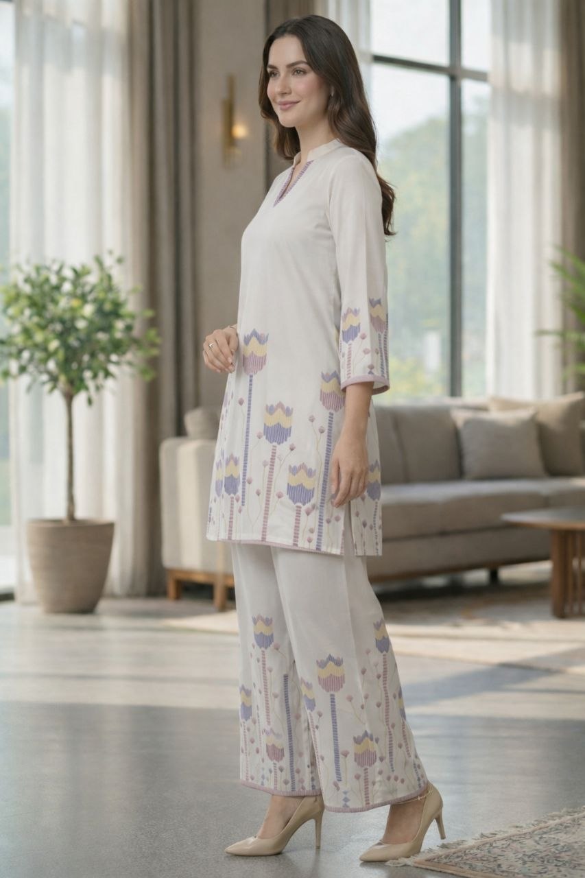 NAINARA Women’s Off White Printed Co-ord Set with Straight Kurta and Ankle-Length Palazzo Pants