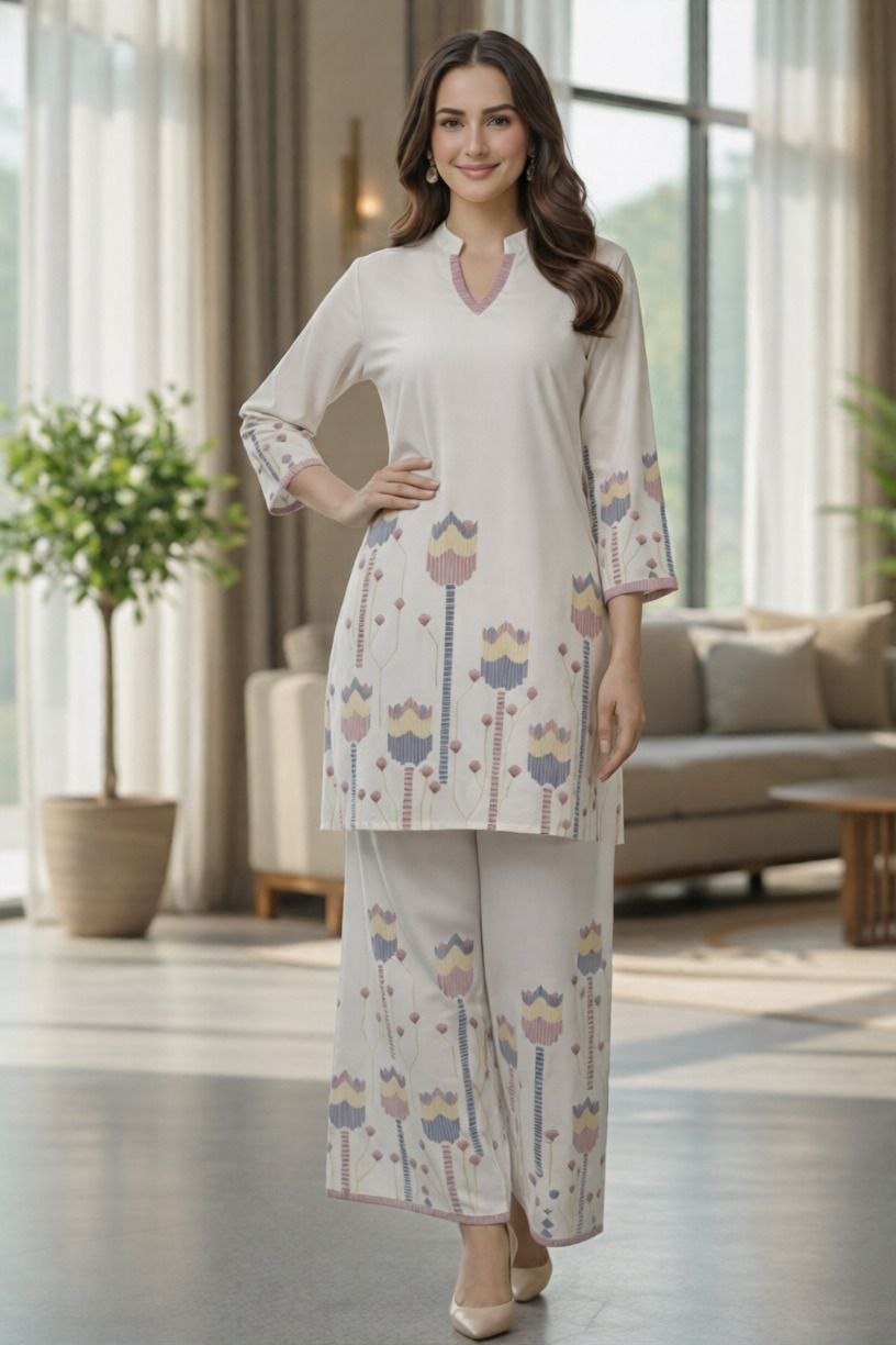 NAINARA Women’s Off White Printed Co-ord Set with Straight Kurta and Ankle-Length Palazzo Pants