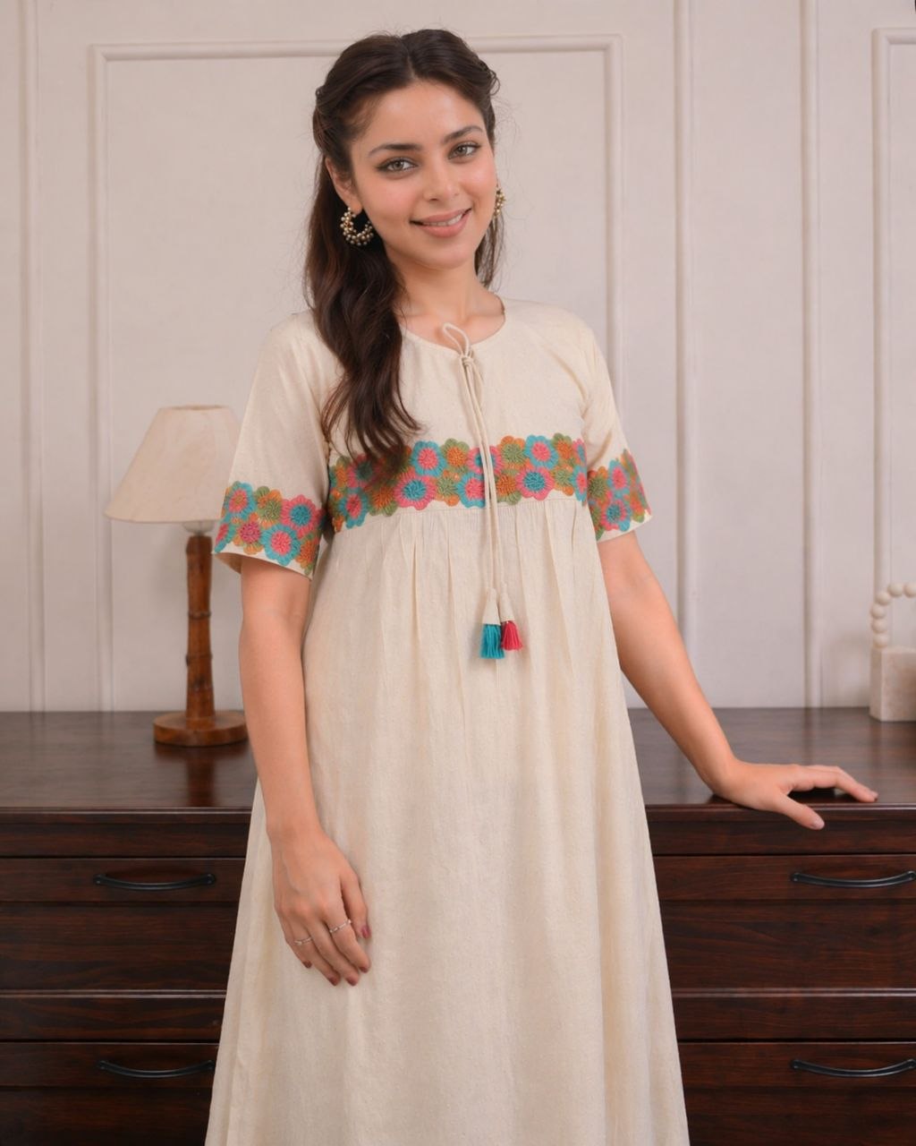 NAINARA Women’s Off-White Floral Embroidered Cotton Kurti with Ankle-Length Pant Set