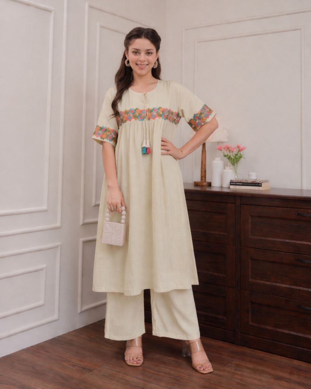 NAINARA Women’s Off-White Floral Embroidered Cotton Kurti with Ankle-Length Pant Set