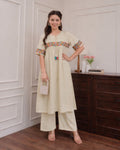 NAINARA Women’s Off-White Floral Embroidered Cotton Kurti with Ankle-Length Pant Set